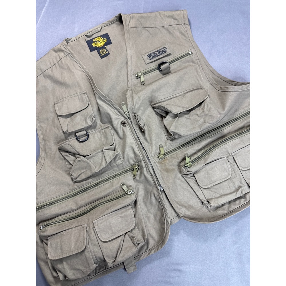 White River Fly Shop Fishing Vest Mens XL Olive Green Cotton Multi-Pocket Vest